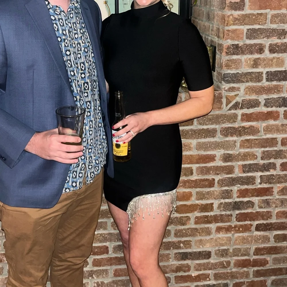 Black Mock-Neck Bandage Bodycon Mini Dress with Rhinestone detail on right side - Picture 2 of 11
